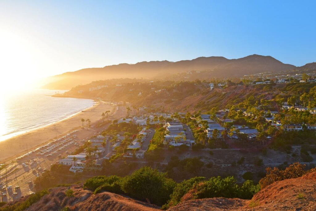 A view of the beach in Pacific Palisades during a summer night in Southern California. 